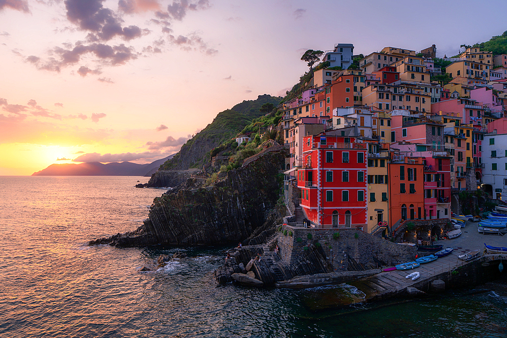 Riomaggiore at sunset, Cinque Terre, La Spezia province in Liguria region, Italy