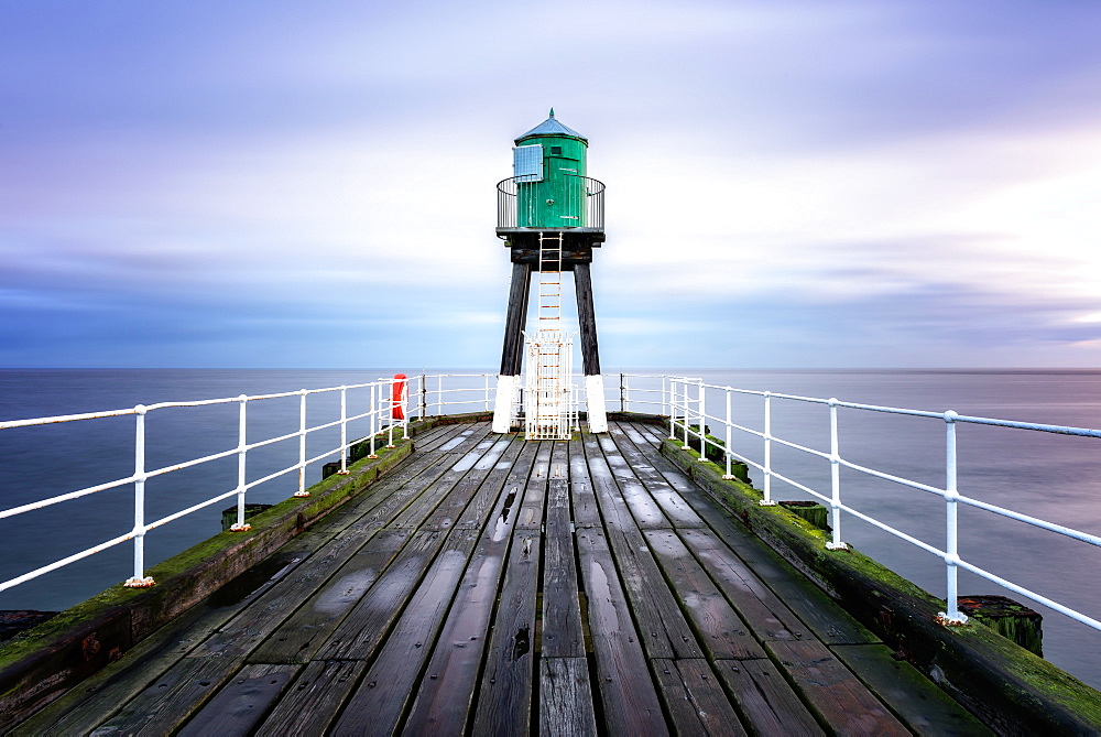 Whitby Pier at sunrise, Yorkshire, England, United Kingdom, Europe