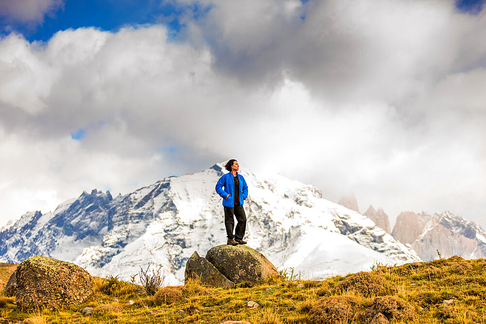 Enjoying the view of the Glacial Lakes, Torres del Paine National Park, Chile, South America