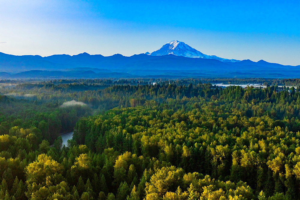 Aerial view of Mount Rainier at sunrise, Washington State, United States of America, North America