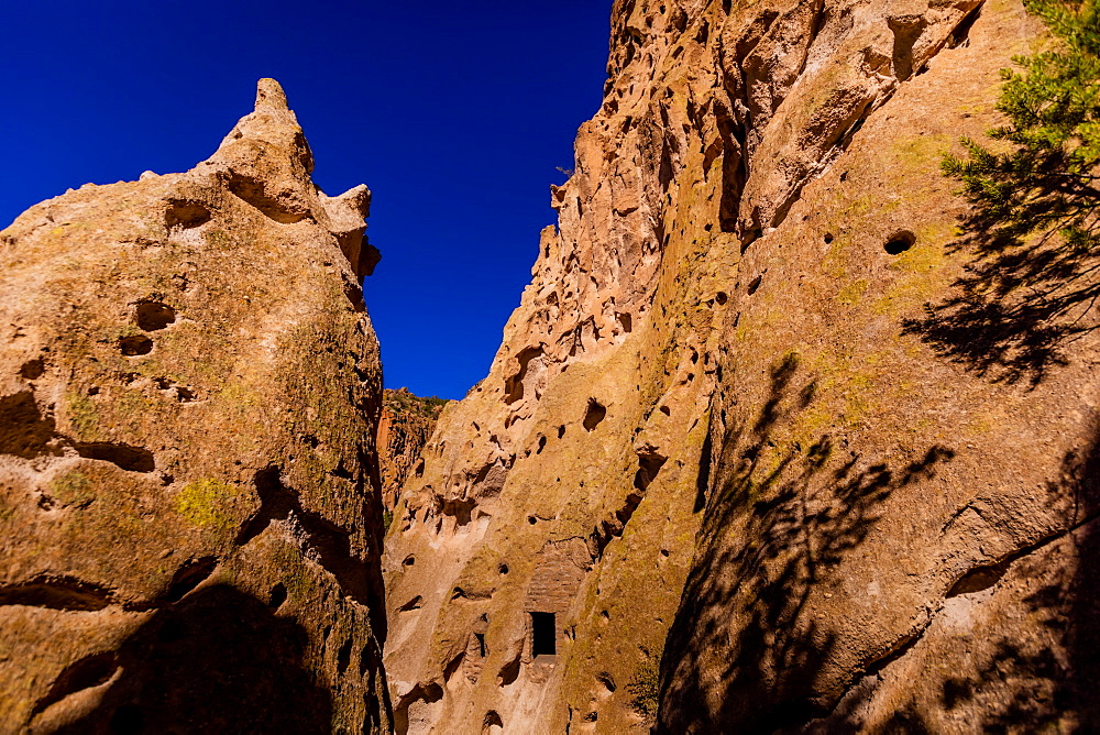 Cave dwellings on the Cliffside of Pueblo Indian Ruins in Bandelier National Monument, New Mexico, United States of America, North America