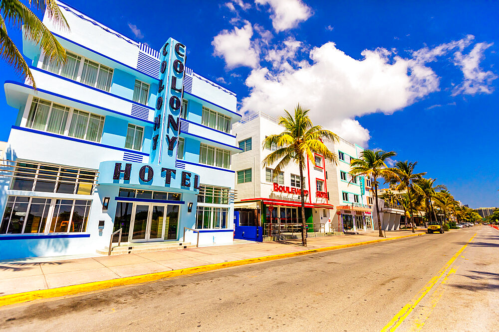 The usually packed Deco Drive in South Beach Miami lies empty during the COVID-19 virus pandemic, Miami, Florida, United States of America, North America