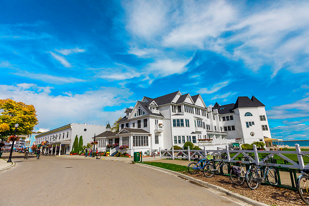 Street view of the beautiful buildings on Mackinac Island, Michigan, United States of America, North America