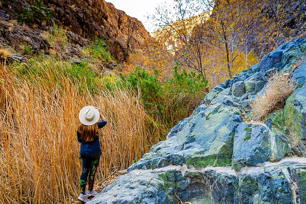 Woman hiking through the waterfall and Artist Palette Drive, Death Valley, California, United States of America, North America