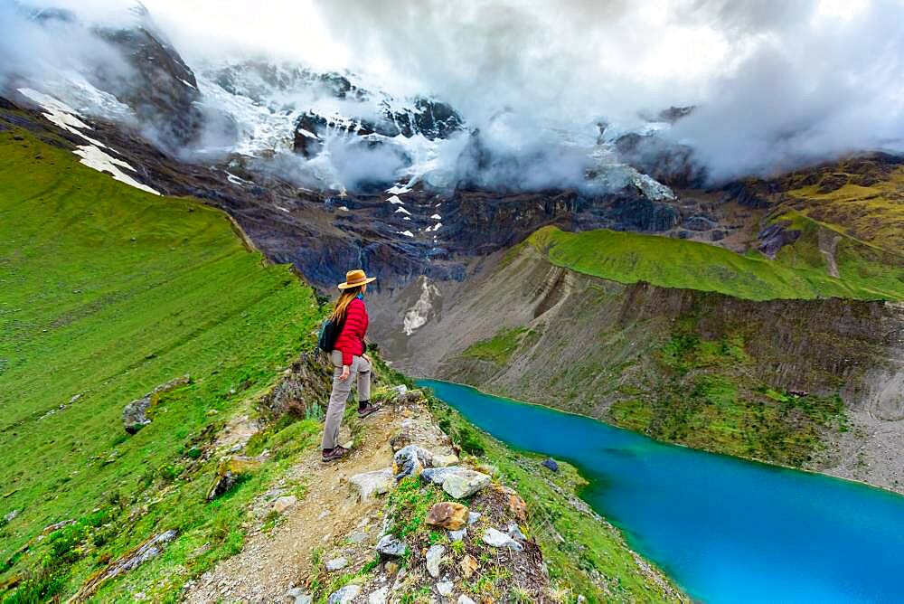 Woman trekking Humantay Lake, Cusco, Peru, South America