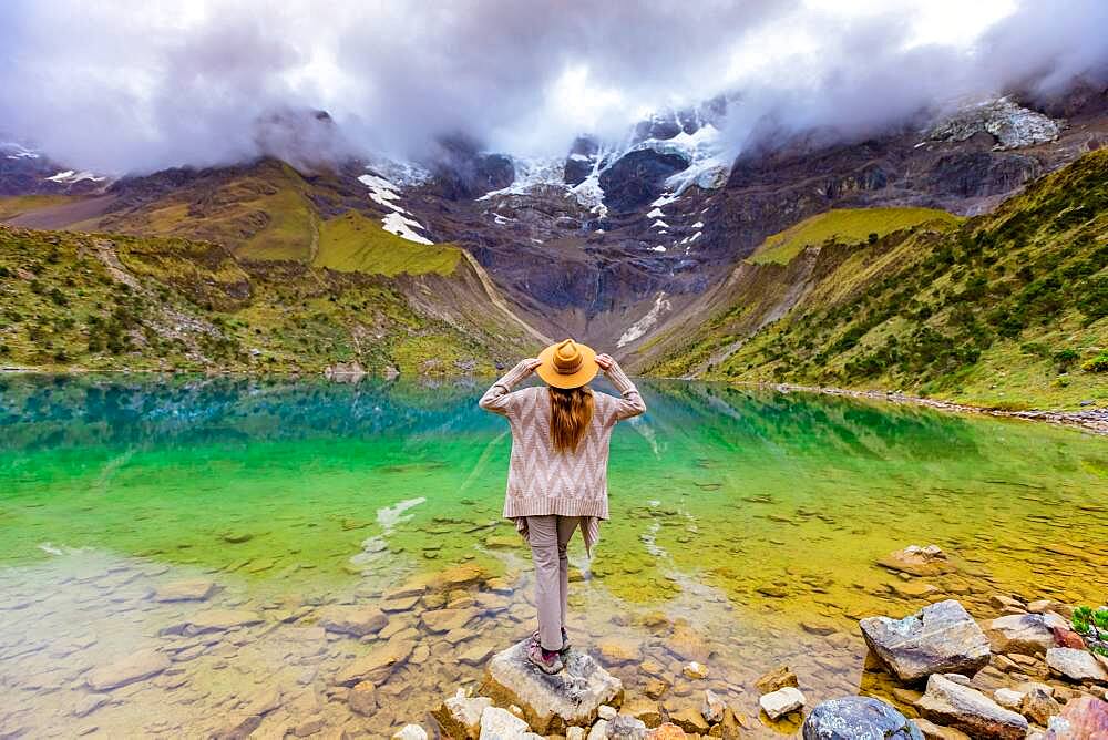 Woman trekking Humantay Lake, Cusco, Peru, South America