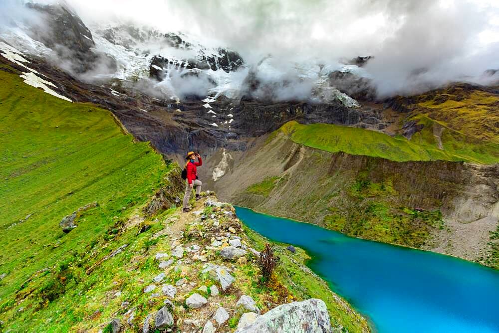 Woman trekking Humantay Lake, Cusco, Peru, South America