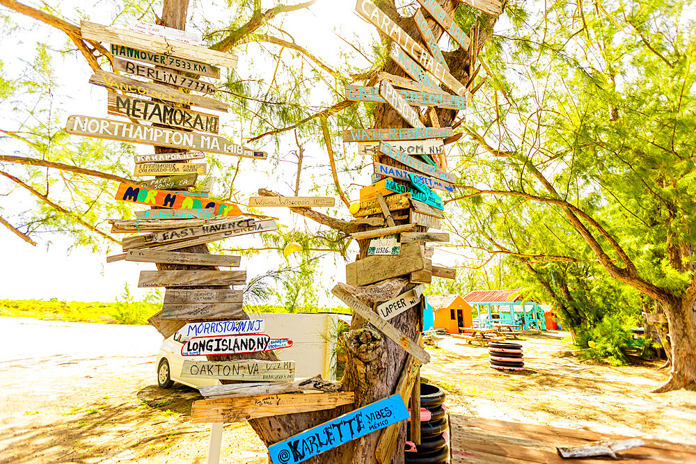 Direction sign on Horse Stable Beach, North Caicos, Turks and Caicos Islands, Atlantic, Central America