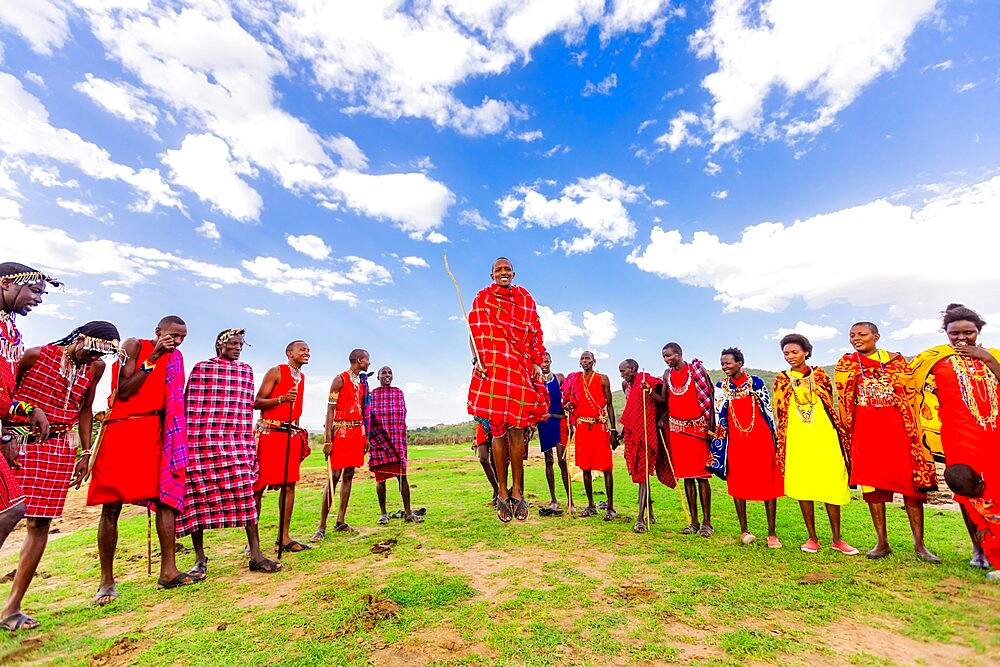 Maasai locals dancing, Maasai Mara, Kenya, East Africa, Africa