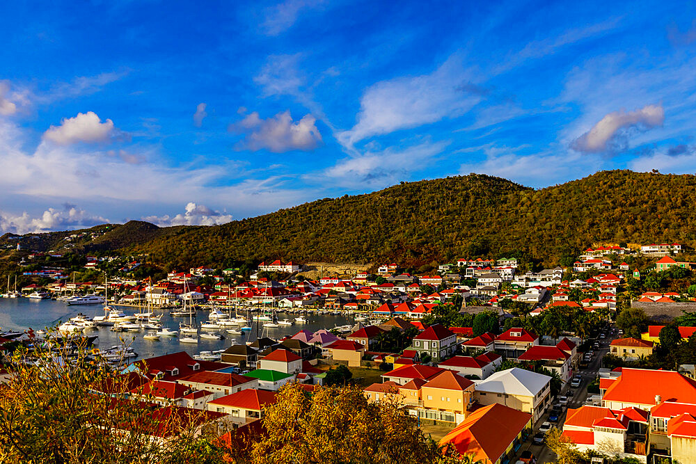 View of homes and port in Gustavia, Saint Barthelemy, Caribbean, Central America