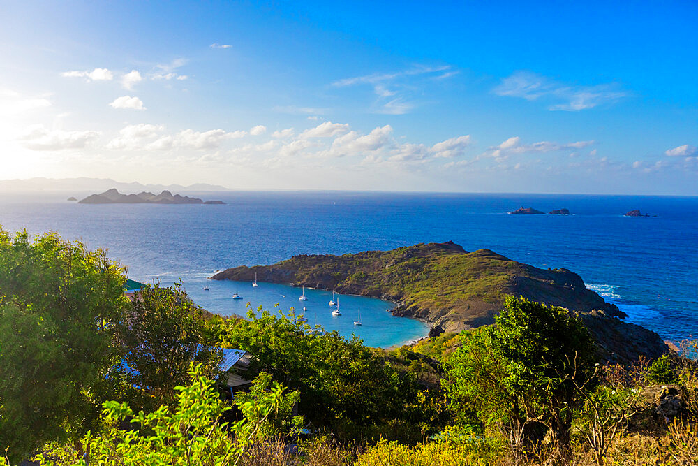 Hilltop view of Eastern Caribbean Sea and edges of St. Barths island, Saint Barthelemy, Caribbean, Central America