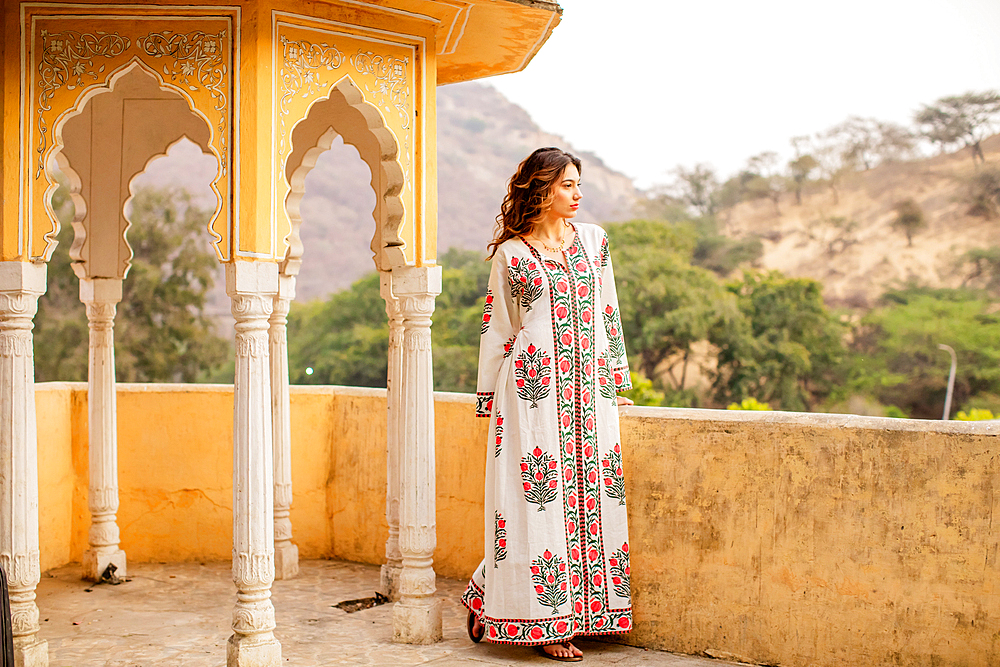 Woman at lookout point, Jaipur, Rajasthan, India, Asia