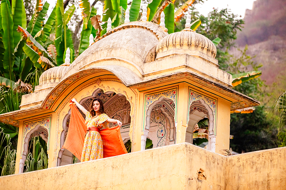 Woman at lookout point, Jaipur, Rajasthan, India, Asia