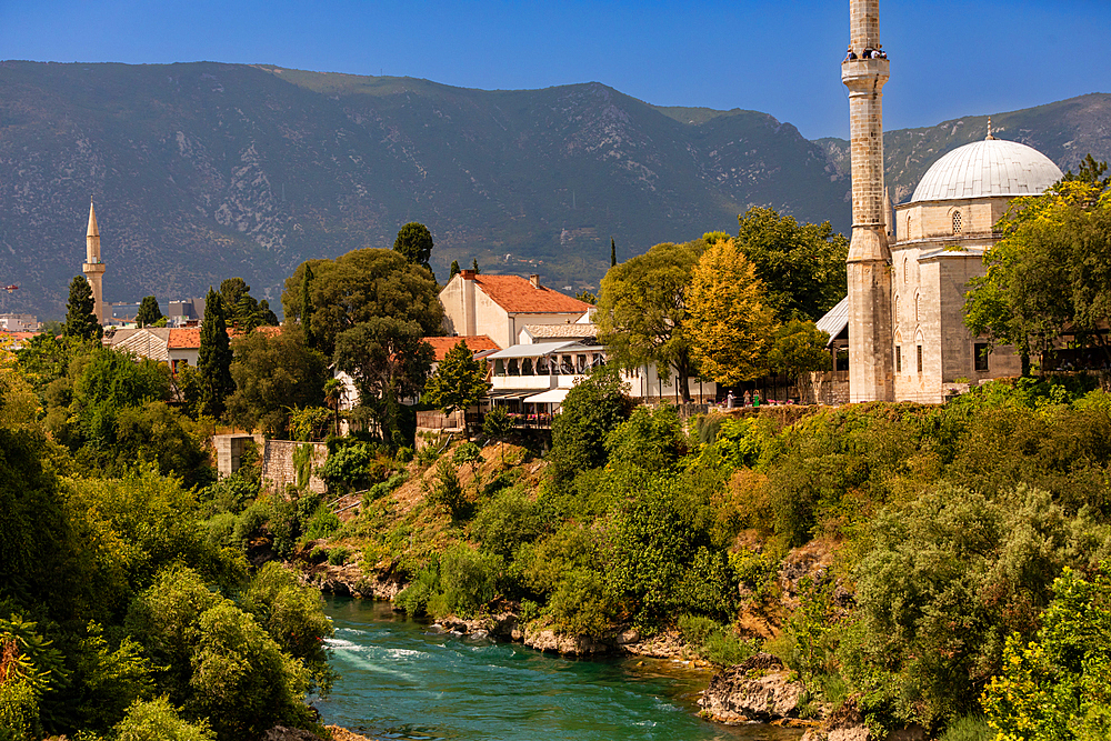 Buildings along the Neretva River, Mostar, Bosnia and Herzegovina, Europe