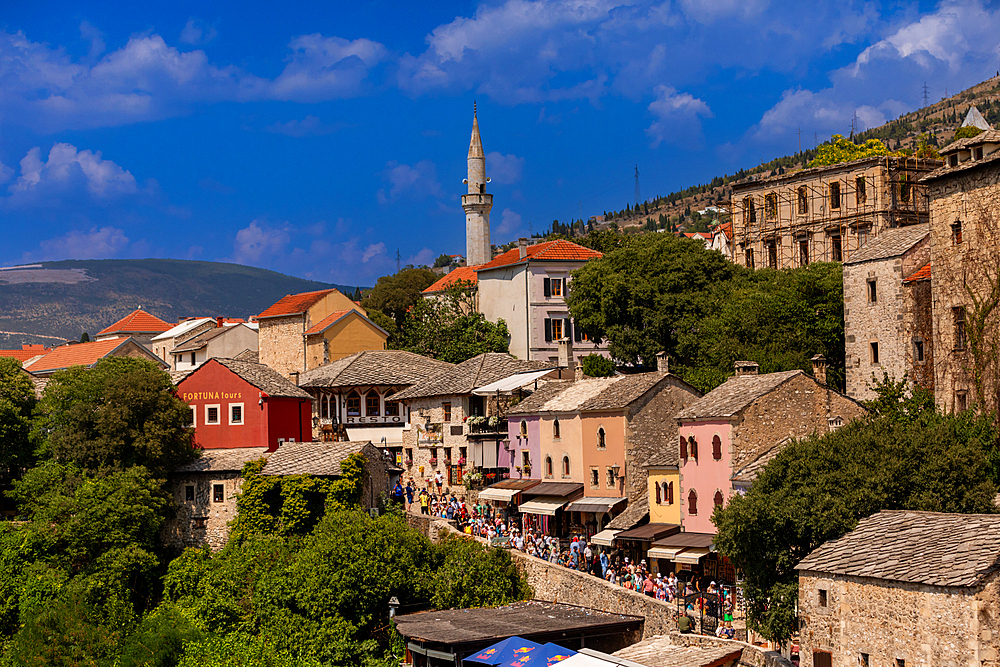 Buildings along the Neretva River, Mostar, Bosnia and Herzegovina, Europe