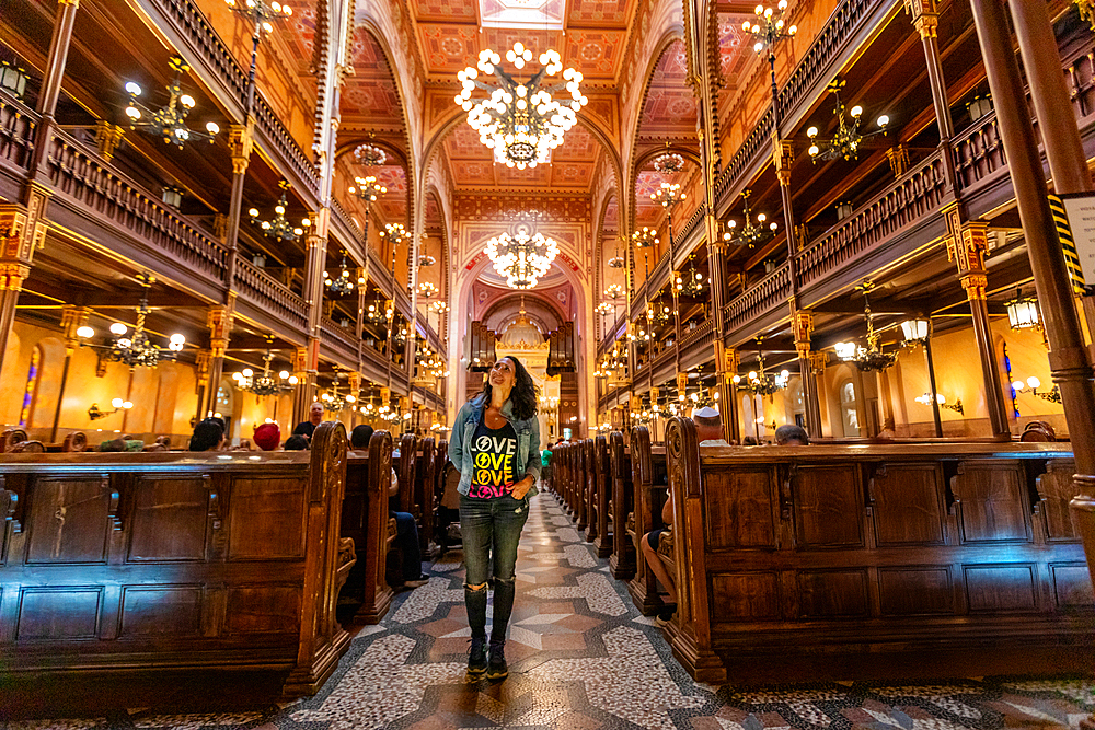 Woman inside the Dohany Street Synagogue, Budapest, Hungary, Europe