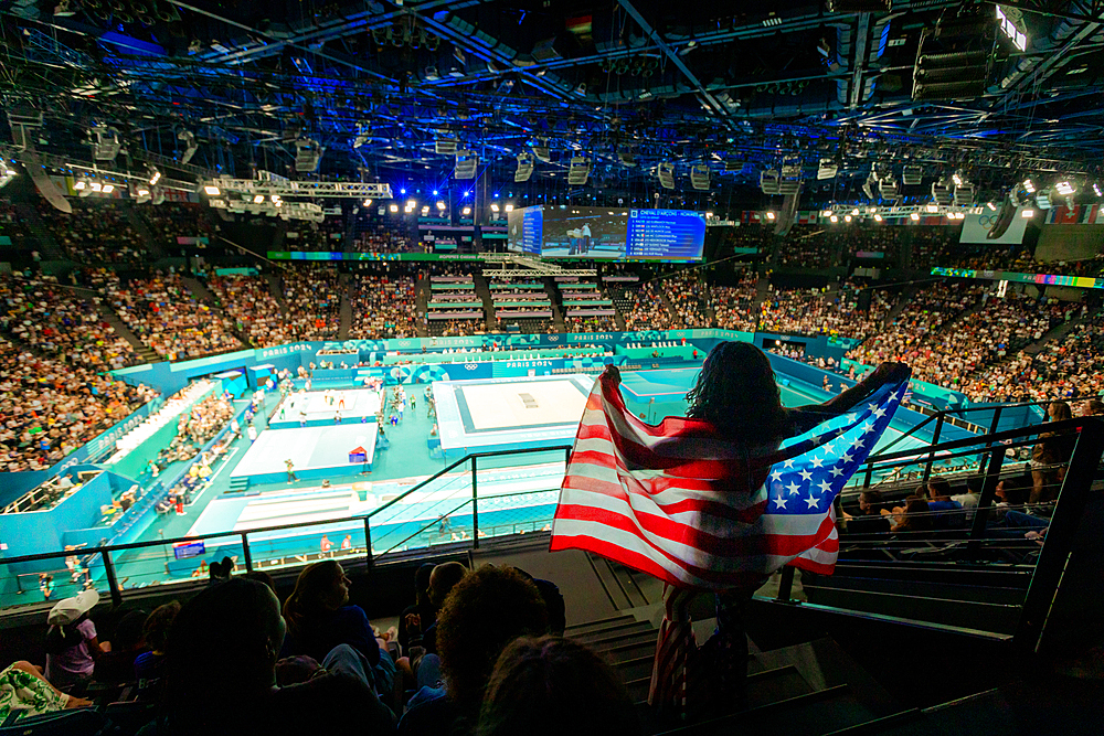 Patriotic American Women cheering on team usa gymnastics at the Paris 2024 Olympics, Bercy Arena, Paris, France, Europe