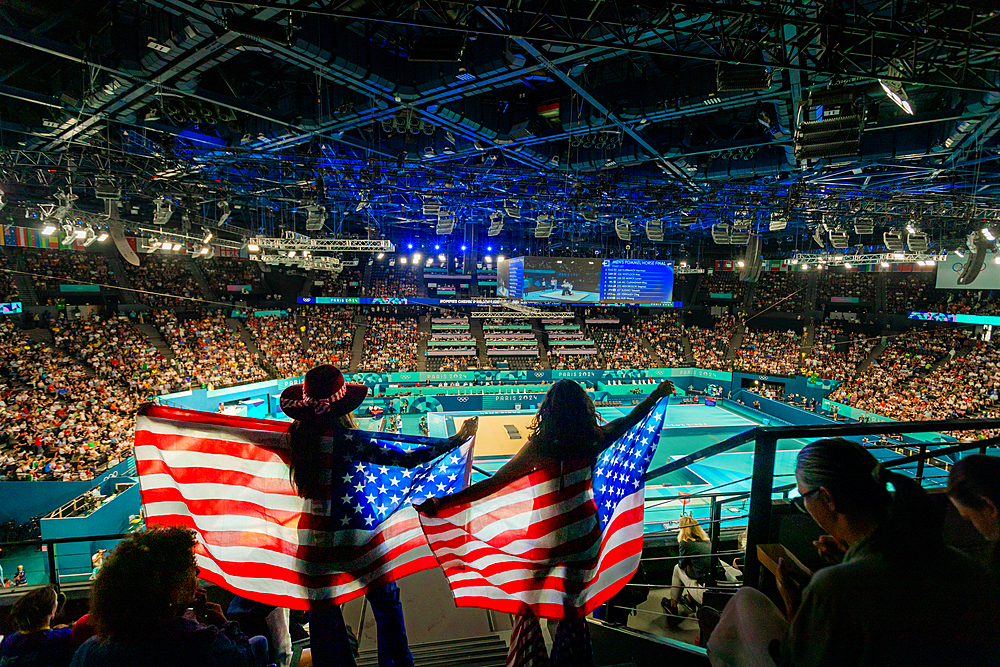 Patriotic American Women cheering on team usa gymnastics at the Paris 2024 Olympics, Bercy Arena, Paris, France, Europe