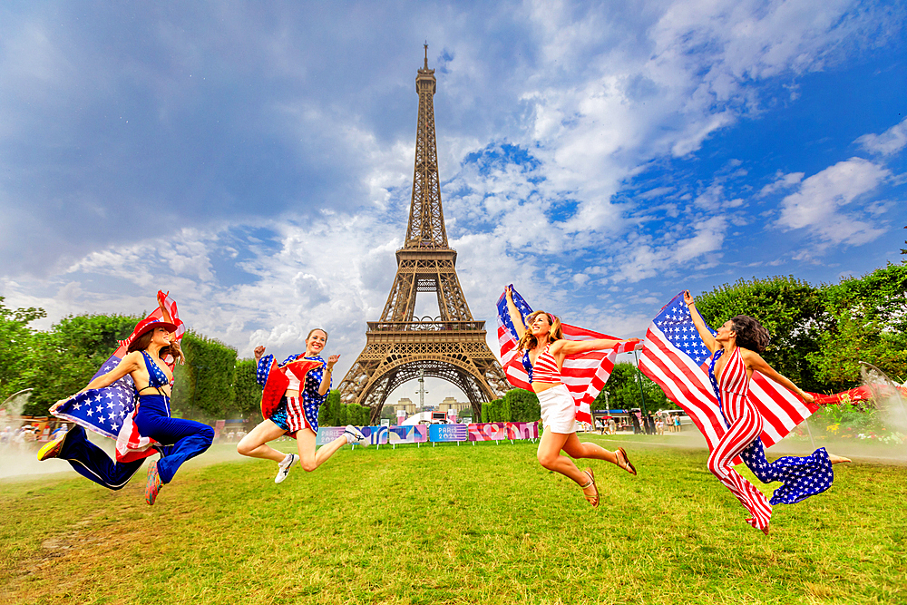 Patriotic American Women Jumping and cheering at the Paris 2024 Olympics, Eiffel Tower Stadium, Paris, France, Europe