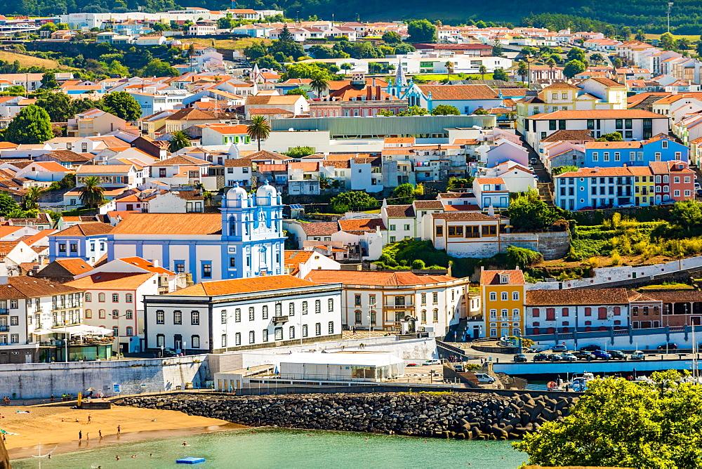 View of houses and buildings in Angra do Heroismo on Terceira Island, one of the Azores Islands, Portugal., Atlantic, Europe