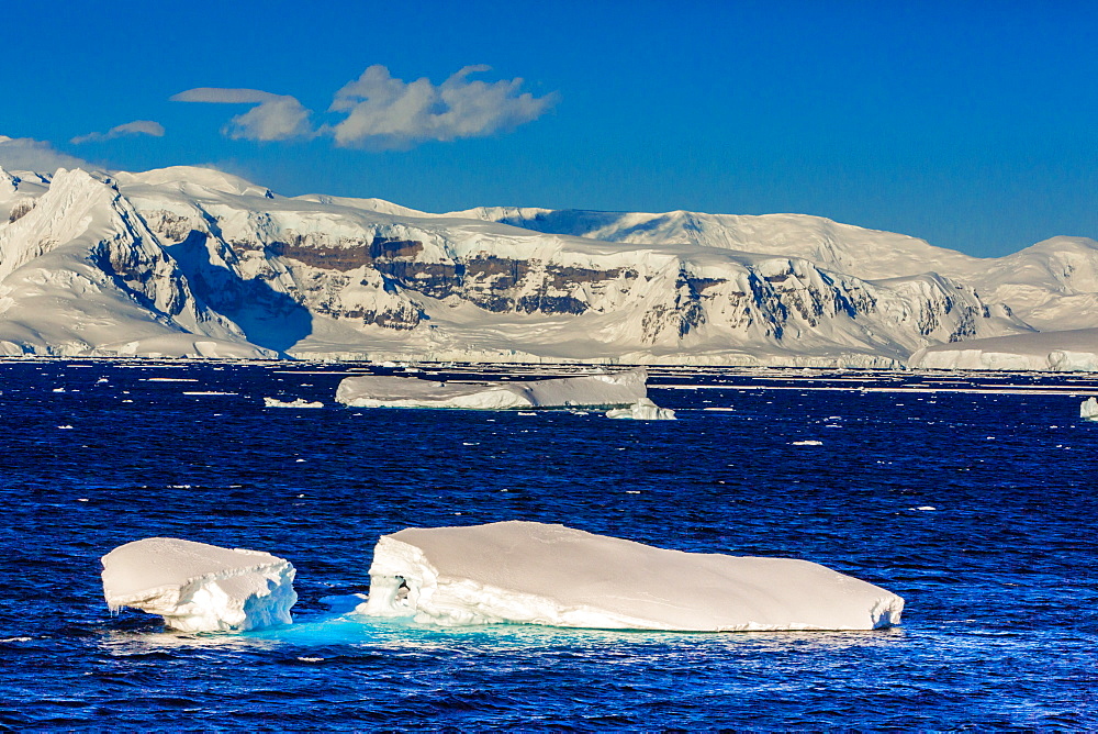 Scenic view of the glacial ice and floating icebergs in Antarctica, Polar Regions