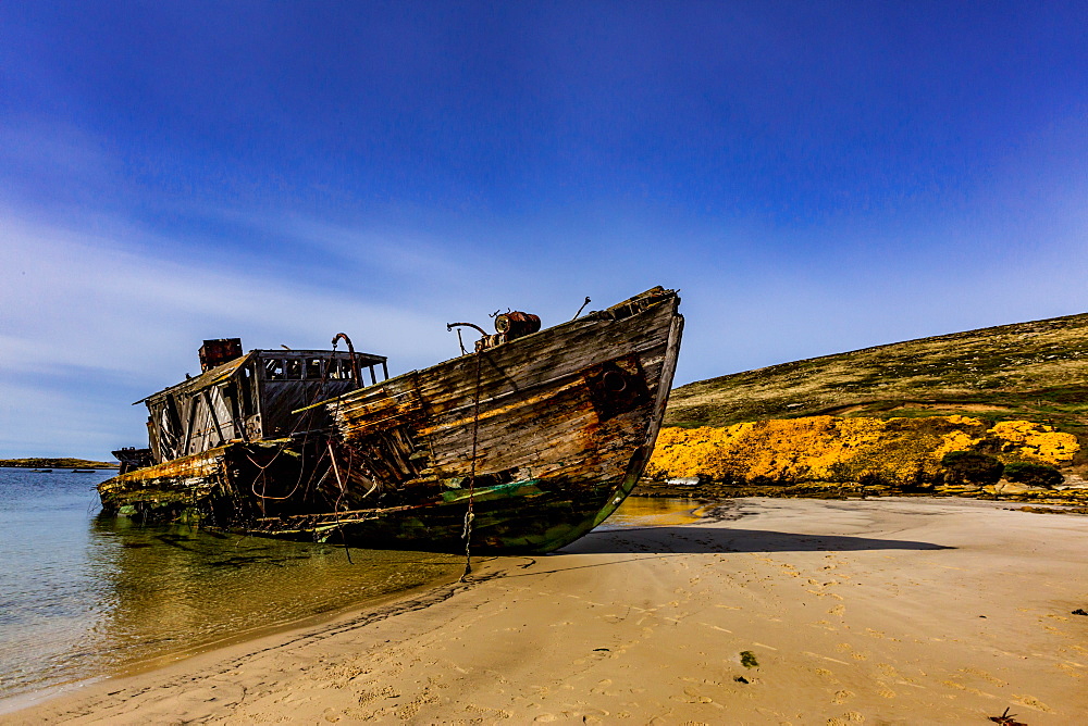 View from of an abandoned ship on New Island, Falkland Islands, South America