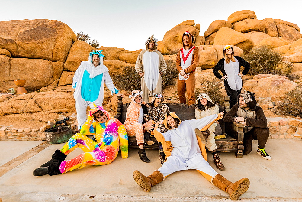 Group of friends in spirit animal onesies celebrating the new year in Joshua Tree, California, United States of America, North America