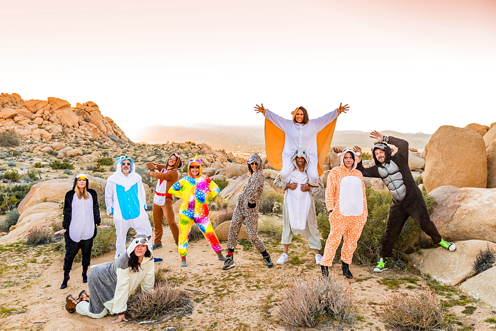 Group of friends in spirit animal onesies celebrating the new year in Joshua Tree, California, United States of America, North America