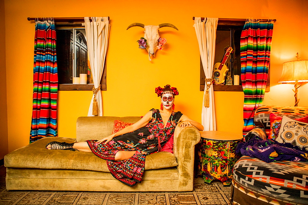 Woman in Dia de los Muertos makeup and costume, Day of the Dead celebration in the desert, California, United States of America, North America