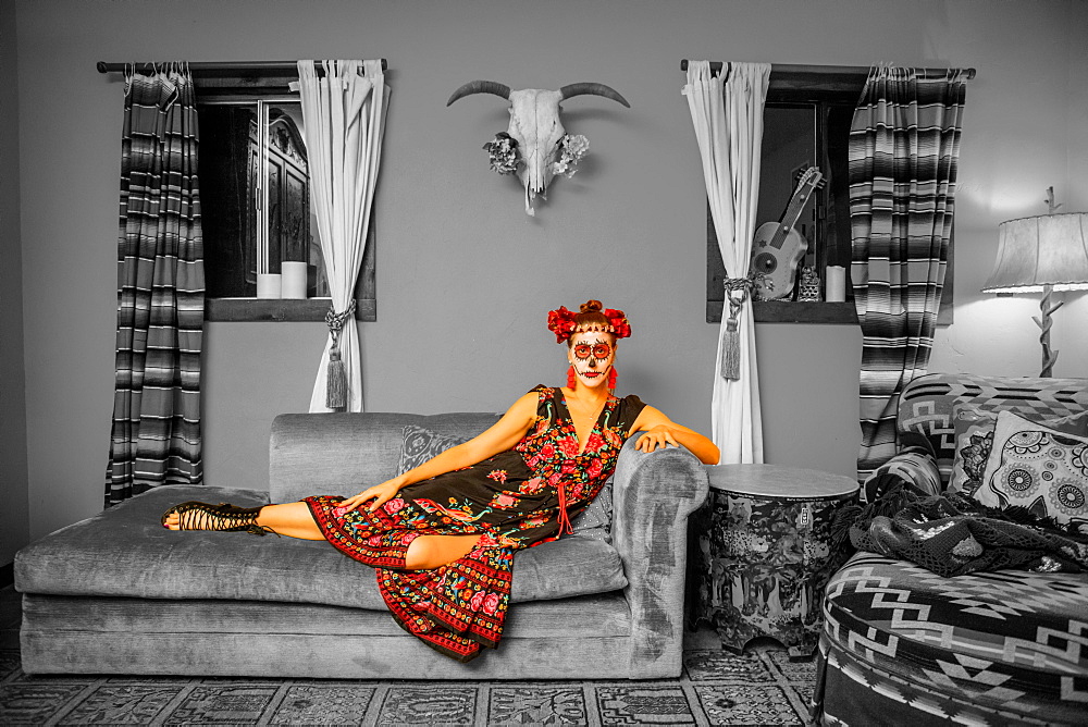 Woman in Dia de los Muertos makeup and costume, Day of the Dead celebration in the desert, California, United States of America, North America