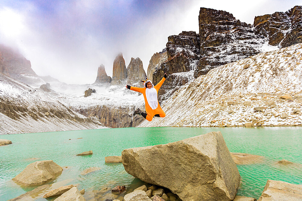 Enjoying the beautiful scenery in our Andean fox onesies, Chile, South America