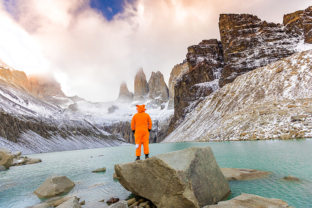 Enjoying the beautiful scenery in our Andean fox onesies, Torres del Paine National Park, Chile, South America