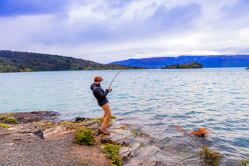 Fishing in Toro Lake, Patagonia, Chile, South America