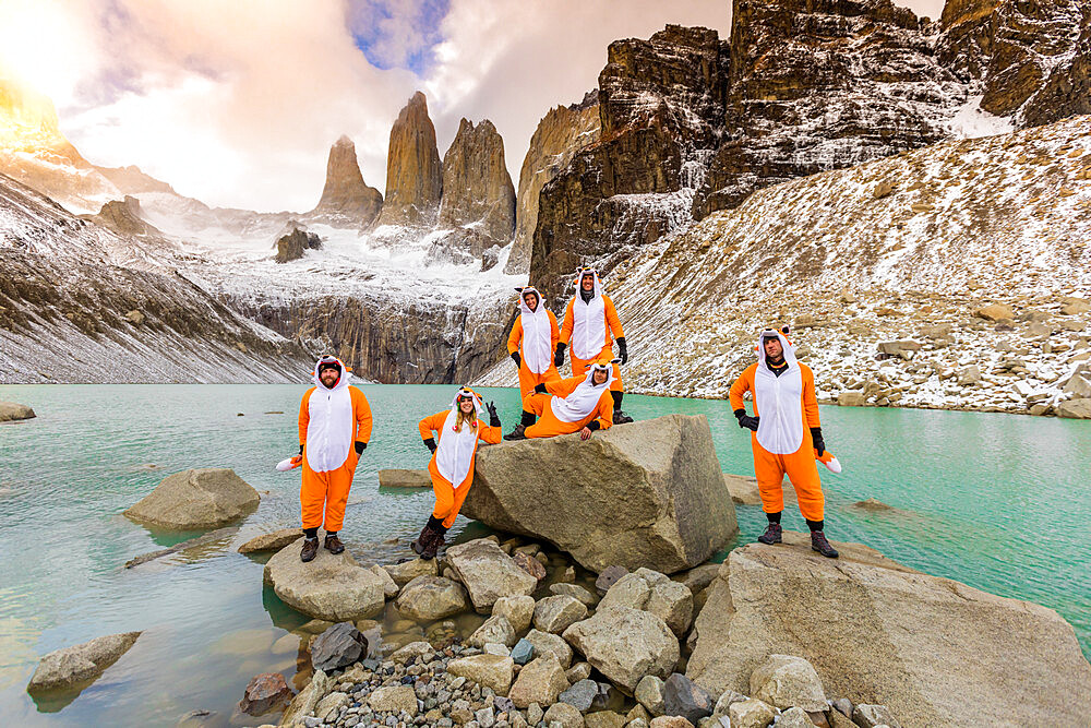 Enjoying the beautiful scenery in our Andean fox onesies, Chile, South America