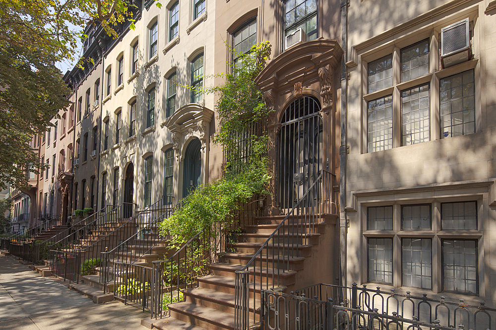 A row of Upper East Side traditional residential town houses including one from the movie Breakfast at Tiffany's, New York City, United States of America, North America