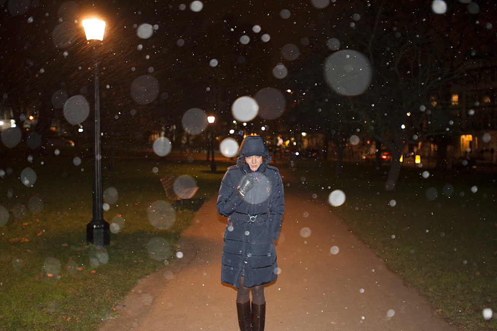 Snow starts to fall on a frosty Primrose Hill, London, England, United Kingdom, Europe