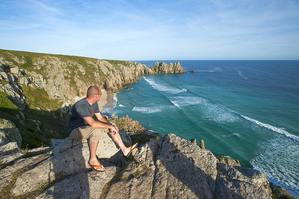 Looking over Treen Beach, Cornwall, England, United Kingdom, Europe