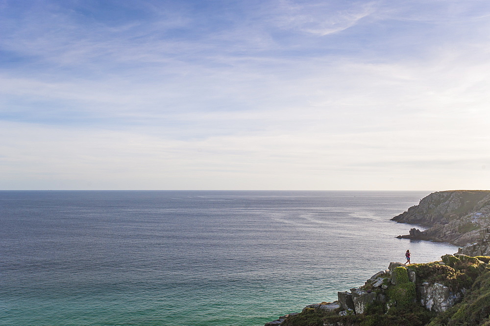 Looking over Treen Beach, Cornwall, England, United Kingdom, Europe