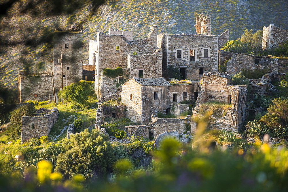 The ancient towers of Vathia among wild spring flowers on the Mani Peninsula in the Peloponnese, Greece, Europe