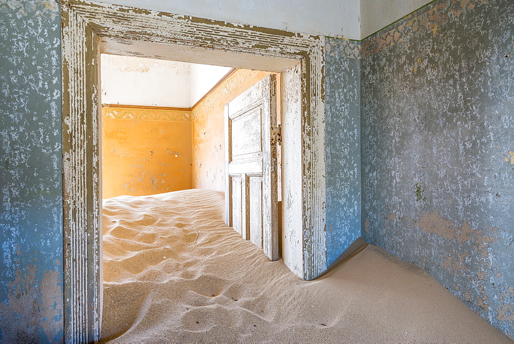 The interior of a building in the abandoned diamond mining ghost town of Kolmanskop, Namibia, Africa