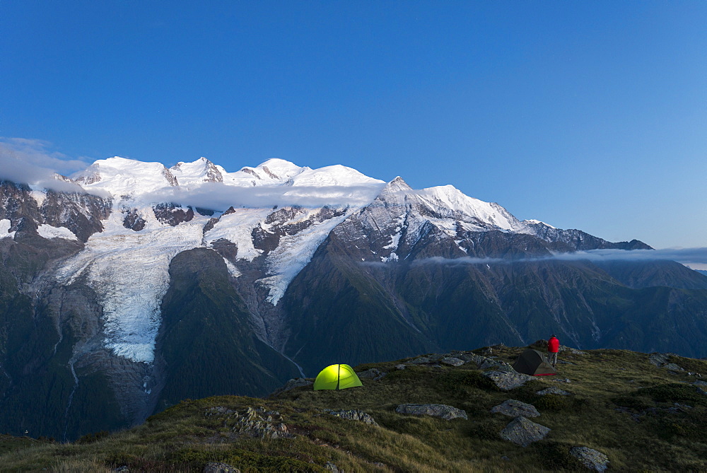 WIld camping on the GR5 trail or Grand Traverse des Alps near Refuge De Bellachat with views of the Mont Blanc, Chamonix, Haute Savoie, Auvergne-Rhone-Alpes, French Alps, France, Europe