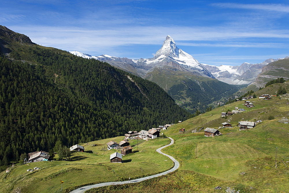 The classic Walkers Haute route from Chamonix to Zermatt the trail leads down into Zermatt with the Matterhorn ahead, Switzerland, Europe