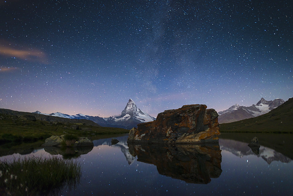 The Matterhorn from Stellisee lake in the Swiss Alps, Switzerland, Europe