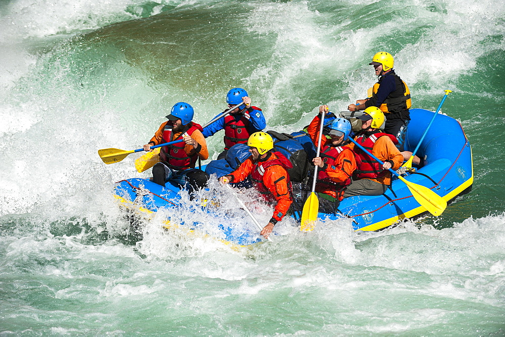 Rafting through white water rapids on the Karnali River in west Nepal, Asia