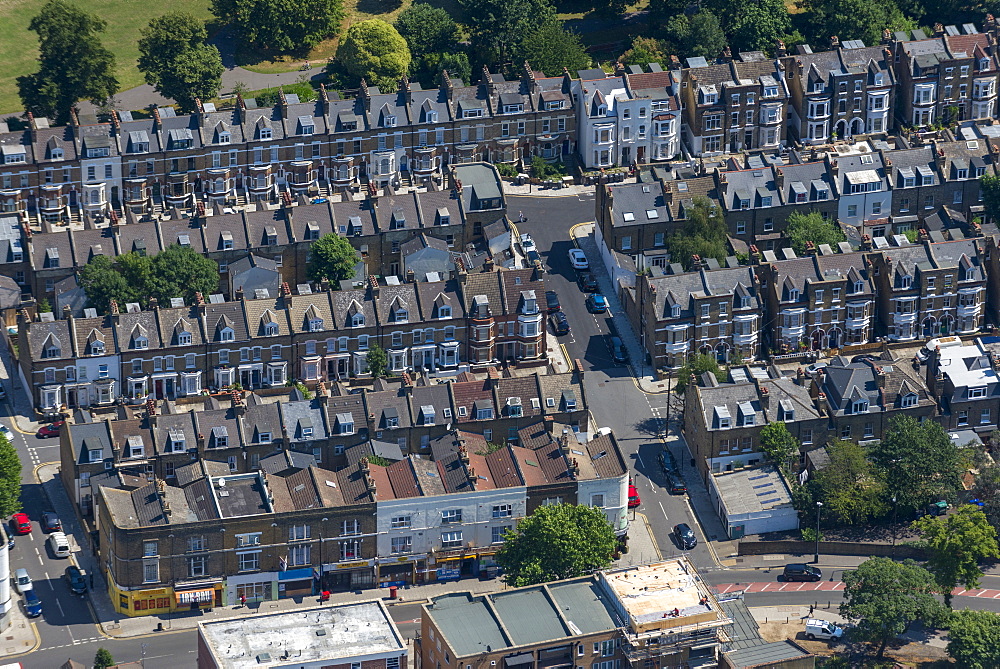 An aerial view of residential streets in London, England, United Kingdom, Europe