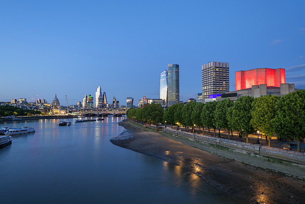 River Thames and London at blue hour, London, England, United Kingdom, Europe