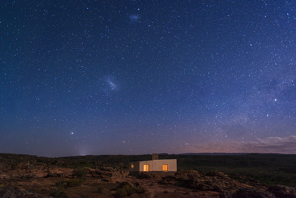 A little house under a sky full of stars in the Cederberg, Western Cape, South Africa, Africa