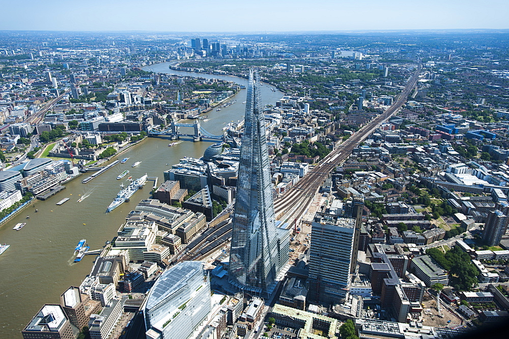 An aerial view of The Shard, standing at 309.6 metres high, the tallest buliding in Europe, London, England, United Kingdom, Europe