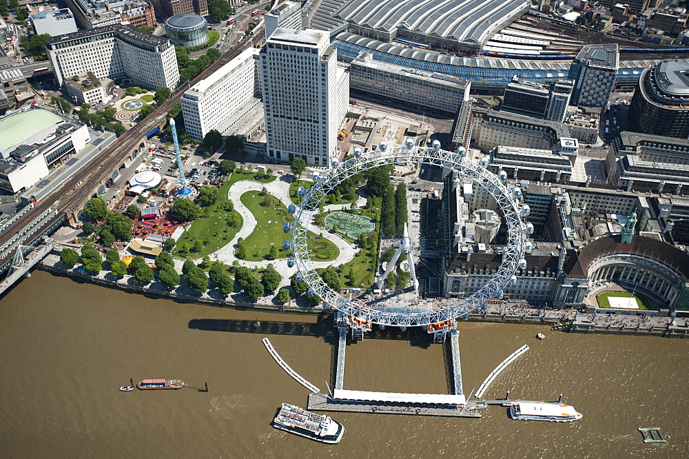 Aerial view of the London Eye and River Thames, London, England, United Kingdom, Europe