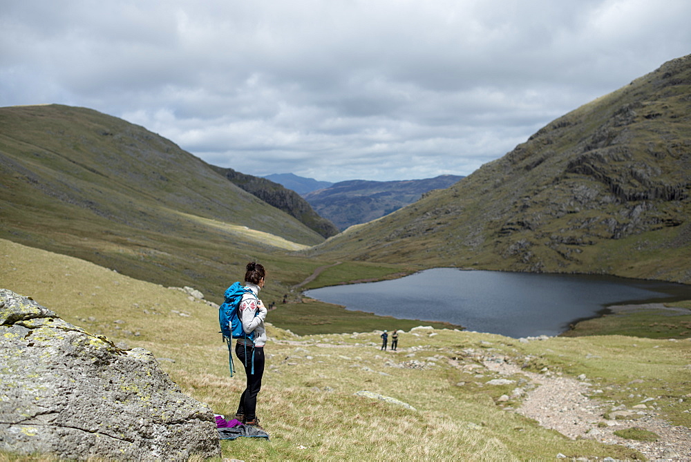 Looking towards Styhead Tarn on the trail towards Great Gable and Scafell Pike in The Lake District National Park, Cumbria, England, United Kingdom, Europe